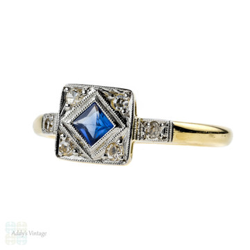 Art Deco French Cut Sapphire & Diamond Ring, 1920s Square Panel. 18ct & Platinum.
