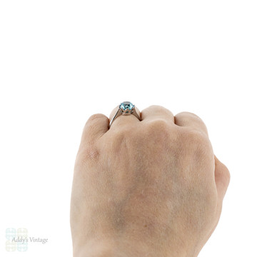 Vintage Blue Zircon 9ct Engagement Ring, Single Stone 9k White Gold Ring.