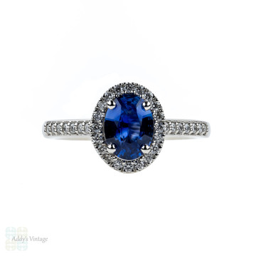 RESERVED Sapphire & Diamond Engagement Ring. Classic Platinum Halo Blue Sapphire Ring.