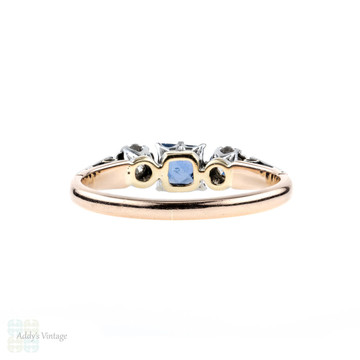 RESERVED. French Cut Sapphire & Diamond Three Stone Engagement Ring, 9ct Rose Gold & Palladium, 1930s.