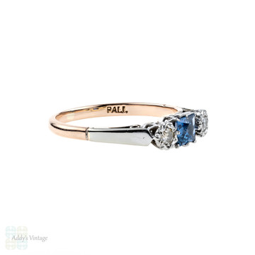 RESERVED. French Cut Sapphire & Diamond Three Stone Engagement Ring, 9ct Rose Gold & Palladium, 1930s.