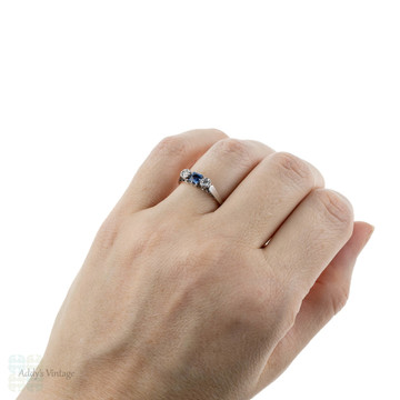 RESERVED. French Cut Sapphire & Diamond Three Stone Engagement Ring, 9ct Rose Gold & Palladium, 1930s.
