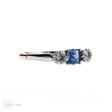 RESERVED. French Cut Sapphire & Diamond Three Stone Engagement Ring, 9ct Rose Gold & Palladium, 1930s.