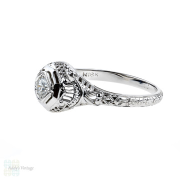 1920s Filigree Diamond Engagement Ring, Old European Cut Diamond in 18k White Gold.
