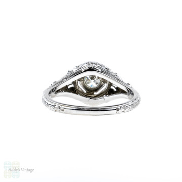 1920s Filigree Diamond Engagement Ring, Old European Cut Diamond in 18k White Gold.