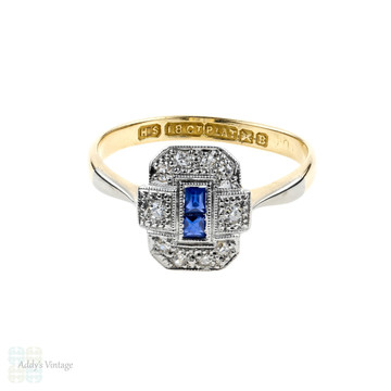 Art Deco Sapphire & Diamond Ring, 1930s Panel Ring in 18ct Gold & Platinum