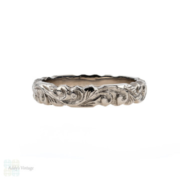 RESERVED Antique Floral Engraved 18ct Wedding Ring, 18k White Gold Band. Circa 1910s, Size J / 4.75.