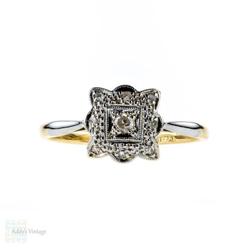 Art Deco Diamond Engagement Ring, Scalloped Square Cluster. Circa 1920s, 18ct & Platinum.