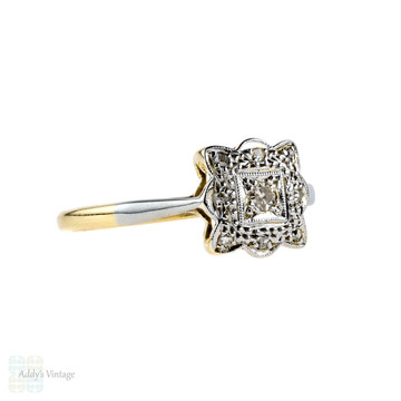 Art Deco Diamond Engagement Ring, Scalloped Square Cluster. Circa 1920s, 18ct & Platinum.