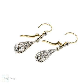 Edwardian Diamond Drop Earrings, 1900s Antique Tapered Teardrop Dangles. 18ct & Platinum.