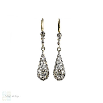 Edwardian Diamond Drop Earrings, 1900s Antique Tapered Teardrop Dangles. 18ct & Platinum.