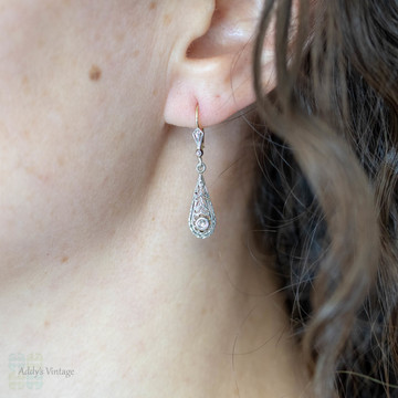 Edwardian Diamond Drop Earrings, 1900s Antique Tapered Teardrop Dangles. 18ct & Platinum.