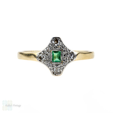 RESERVED Emerald & Diamond Art Deco Engagement Ring, Geometric Shape 1920s. 18ct & Platinum.