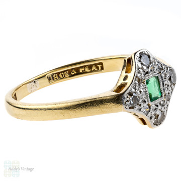 RESERVED Emerald & Diamond Art Deco Engagement Ring, Geometric Shape 1920s. 18ct & Platinum.