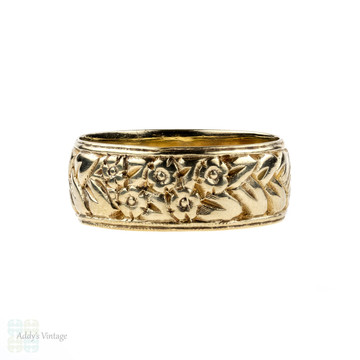 Engraved 9ct Gold Vintage Wedding Band, Wide 9k Floral Ring. Size P / 7.75.