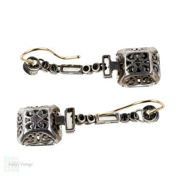 BALANCE. French Art Deco Asscher Diamond Paste Drop Earrings, Sterling Silver & 9ct Gold.