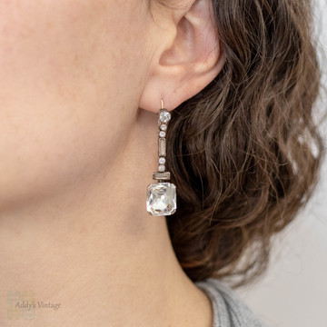 BALANCE. French Art Deco Asscher Diamond Paste Drop Earrings, Sterling Silver & 9ct Gold.