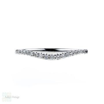 Curved 14k Diamond Wedding Ring, Shaped Contoured 14ct White Gold Band. Size L.5 / 6.