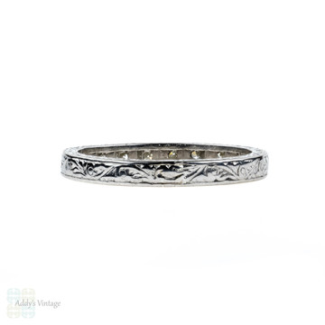 Art Deco Diamond Wedding Ring, 18ct White Gold Engraved Half Hoop Band. Size O / 7.25.