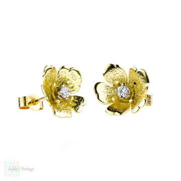 RESERVED. Diamond Flower Stud Earrings, Vintage 18ct Yellow Gold Floral Design Earrings.