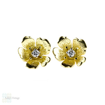 RESERVED. Diamond Flower Stud Earrings, Vintage 18ct Yellow Gold Floral Design Earrings.