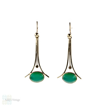 Retro Aventurine 9ct Drop Earrings, Vintage 9k Yellow Gold Green Stone Dangle Earrings.