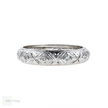 Filigree Diamond Wedding Band, 1920s Platinum Diamond Eternity Ring. Size Q.5 / 8.5. 