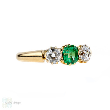 Emerald & Diamond Three Stone Engagement Ring, 18k Antique Edwardian 18ct Old Cut Diamond Ring.