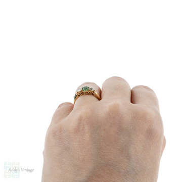 Emerald & Diamond Three Stone Engagement Ring, 18k Antique Edwardian 18ct Old Cut Diamond Ring.