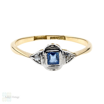 LAYAWAY. Art Deco Sapphire & Diamond Ring, Dainty Three Stone Ring. 18ct & Platinum.