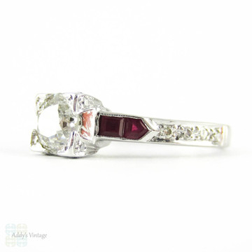RESERVED - Payment 6. Old European Cut Diamond Engagement Ring. 18k White Gold Ruby Setting. Circa 1930s.
