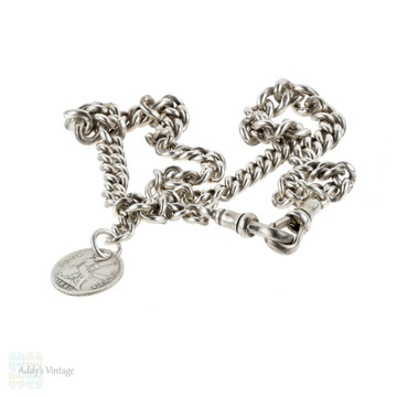 Victorian Sterling Silver Albert Chain with Dog Clips. Antique 16 inch Watch Chain, 1890s.
