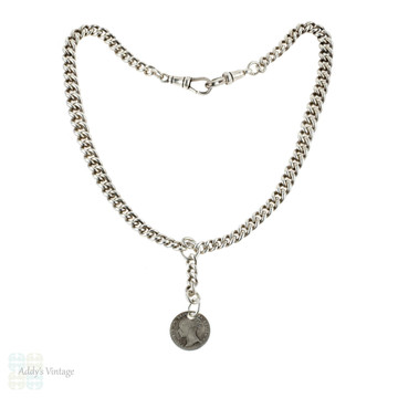 Victorian Sterling Silver Albert Chain with Dog Clips. Antique 16 inch Watch Chain, 1890s.