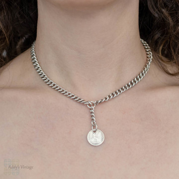 Victorian Sterling Silver Albert Chain with Dog Clips. Antique 16 inch Watch Chain, 1890s.