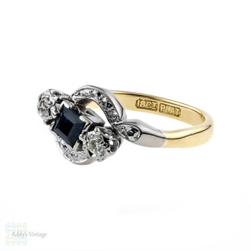 Art Deco Sapphire & Diamond Engagement Ring, Bypass Design Engraved Setting. 18ct & Platinum.