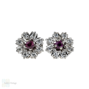 Ruby & Diamond Flower Earrings, Vintage 18ct 18k White Gold Cluster Studs.