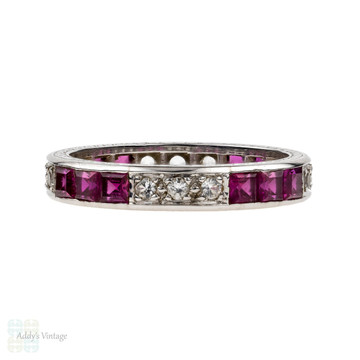 Vintage Synthetic Ruby & Spinel Eternity Ring, 18ct White Gold 1940s Engraved Band. Size M / 6.25.
