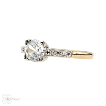 White Zircon Engagement Ring, Vintage Two-Tone 9ct Gold Single Stone Ring.