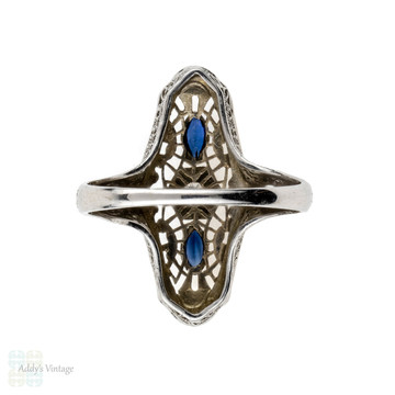 Belais Diamond & Sapphire Filigree Panel Ring, 1930s 14ct 14k White Gold.