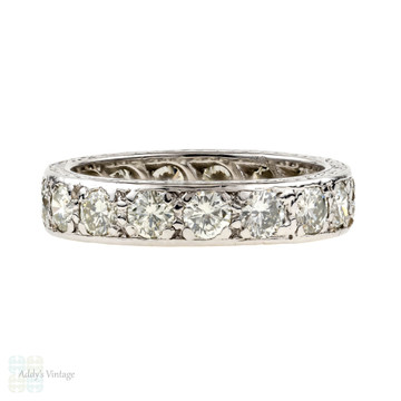 Diamond Eternity Ring, Vintage 18k 18ct White Gold Full Hoop Engraved Wedding Band.