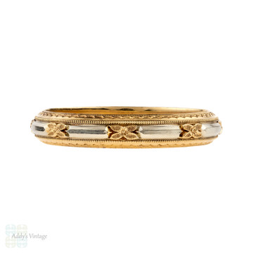 Engraved Men's Floral Wedding Ring, Vintage ArtCarved Two-Tone 14k Gold Band. Size X / 11.5.