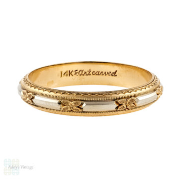 Engraved Men's Floral Wedding Ring, Vintage ArtCarved Two-Tone 14k Gold Band. Size X / 11.5.