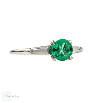 Vintage Emerald Engagement Ring, 1950s Tapered Baguette Diamond Platinum Setting.