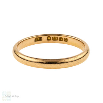 1930s 22ct Gold Wedding Ring, Ladies Art Deco D Profile 22k Band. Size K.5 / 5.5.