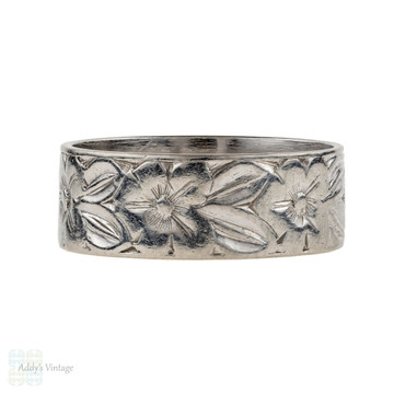 Floral Engraved Platinum Wedding Ring, Wide Ladies Vintage Band. Size H.75 / 4.25.