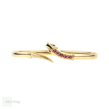 Vintage 9k Snake Bracelet, 9ct Yellow Gold Serpent Bangle with Ruby Eyes.