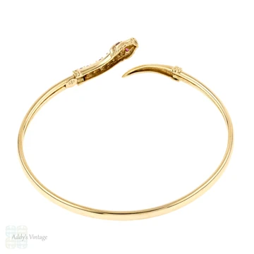 Vintage 9k Snake Bracelet, 9ct Yellow Gold Serpent Bangle with Ruby Eyes.