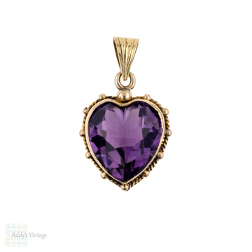Antique 9ct Amethyst Love Heart Pendant, Bezel Set 9k Gold Charm. Circa 1900.
