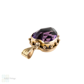 Antique 9ct Amethyst Love Heart Pendant, Bezel Set 9k Gold Charm. Circa 1900.