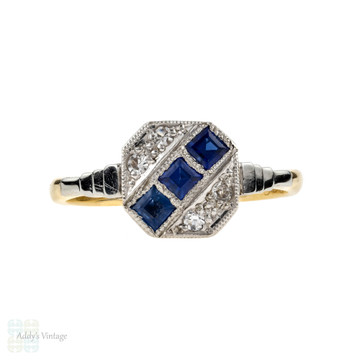 Art Deco Synthetic Sapphire & Spinel Panel Ring. Triple Row Design, 18ct & Platinum.